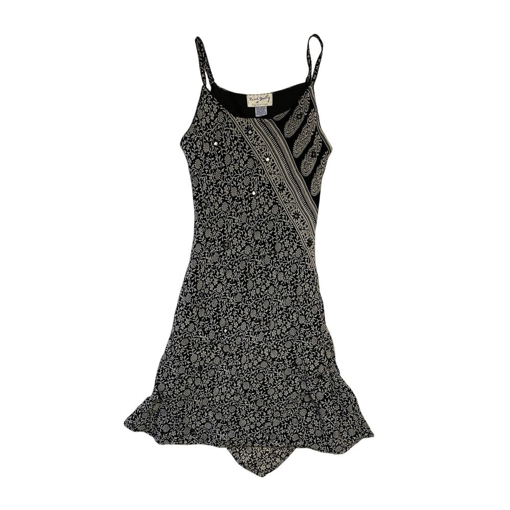 Rene Derhy Black and Grey Paisley Floral Beaded Strappy Dress